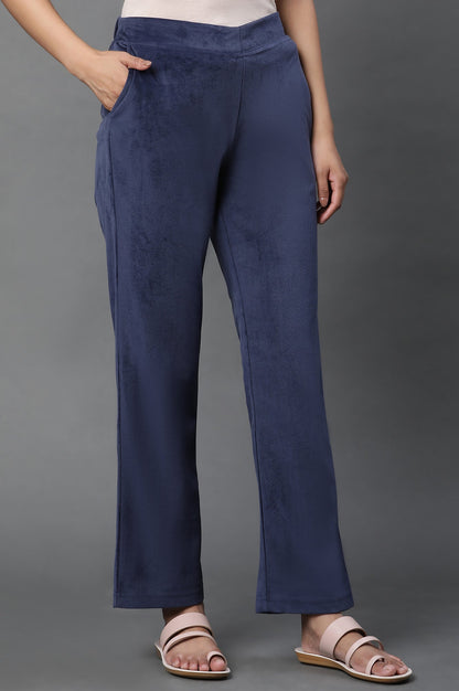 Navy Blue Solid Straight-fit Velvet Pants with Elasticated Waist