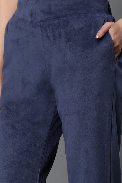 Navy Blue Solid Straight-fit Velvet Pants with Elasticated Waist