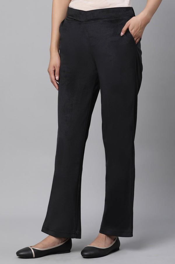 Black Solid Straight Fit Pants With Elasticated Waist
