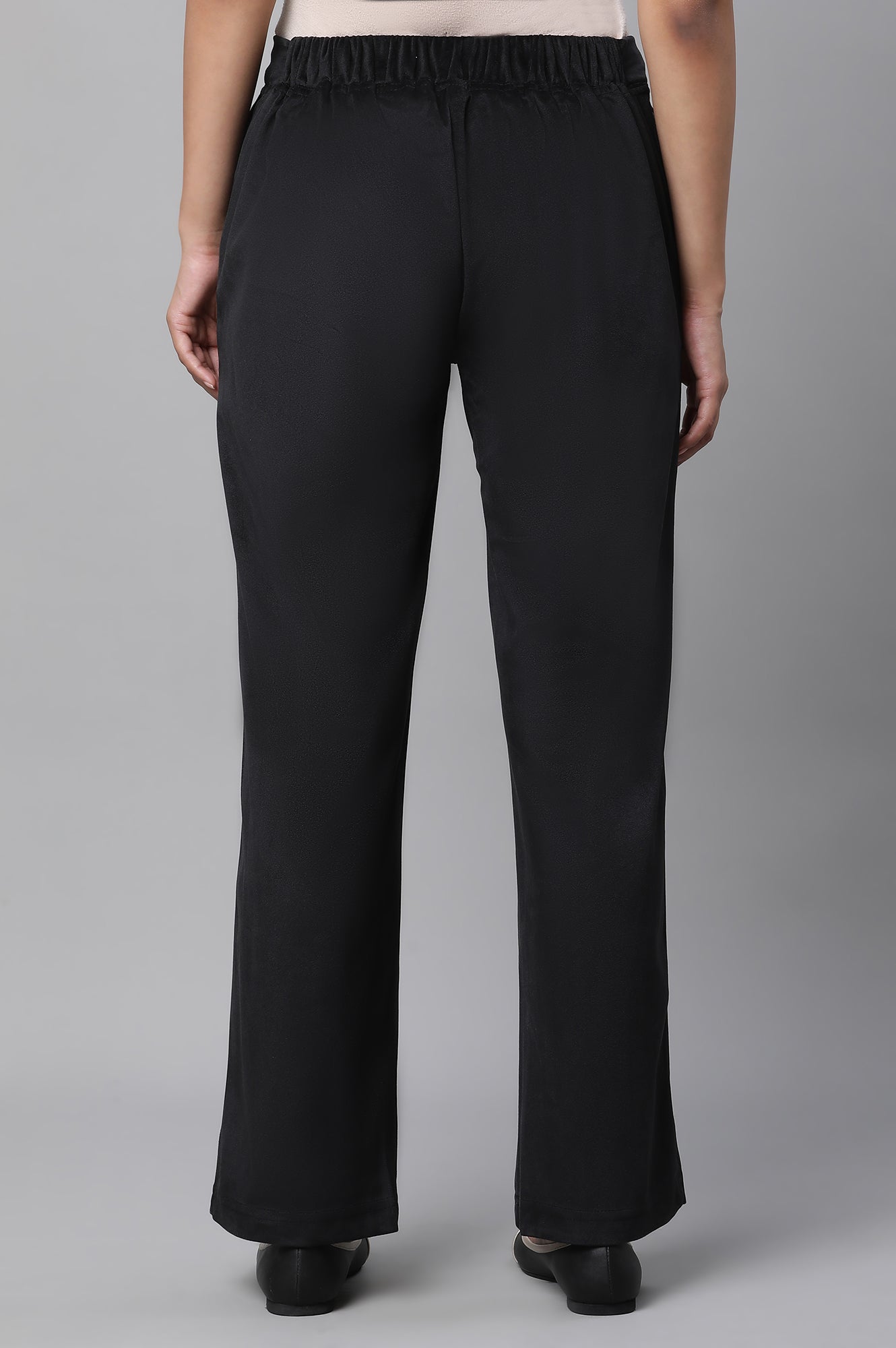 Black Solid Straight Fit Pants With Elasticated Waist