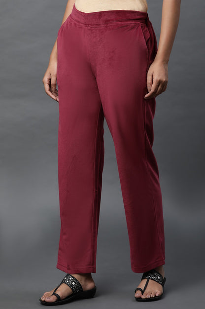 Maroon Solid Straight Fit Velvet Pants With Elasticated Waist