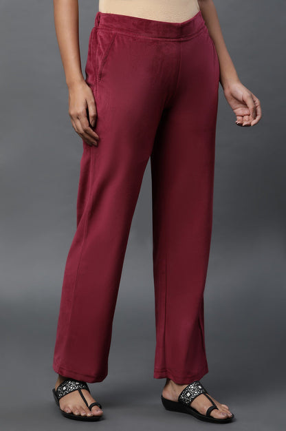 Maroon Solid Straight Fit Velvet Pants With Elasticated Waist