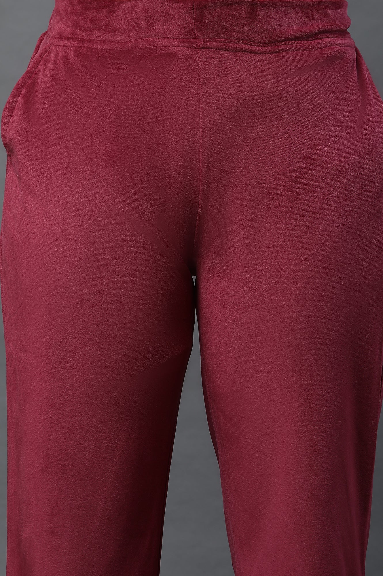 Maroon Solid Straight Fit Velvet Pants With Elasticated Waist
