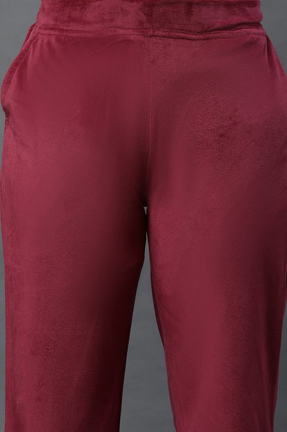 Maroon Solid Straight Fit Velvet Pants With Elasticated Waist