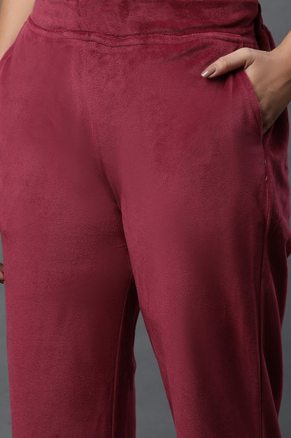 Maroon Solid Straight Fit Velvet Pants With Elasticated Waist