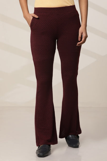 Maroon Solid Flared Knit Pants with Elasticated Waist