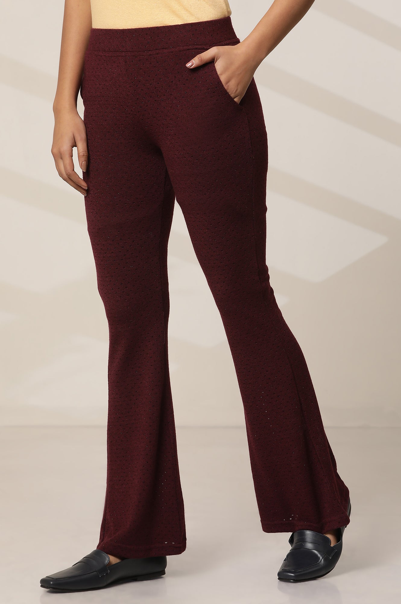 Maroon Solid Flared Knit Pants with Elasticated Waist