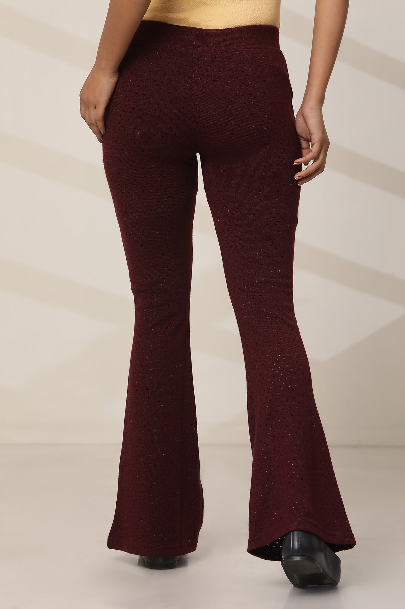 Maroon Solid Flared Knit Pants with Elasticated Waist
