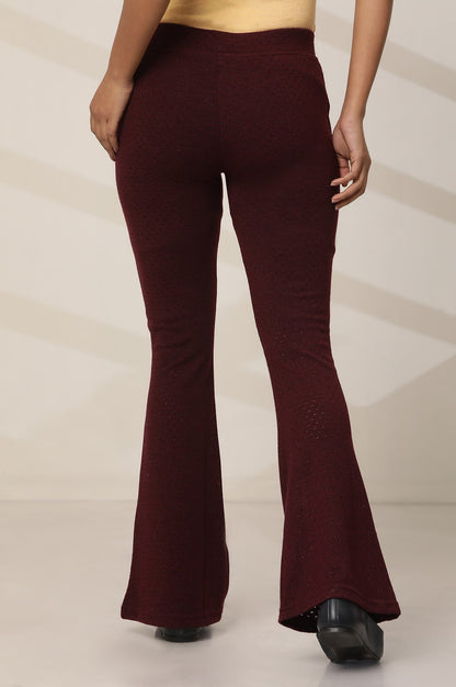 Maroon Solid Flared Knit Pants with Elasticated Waist