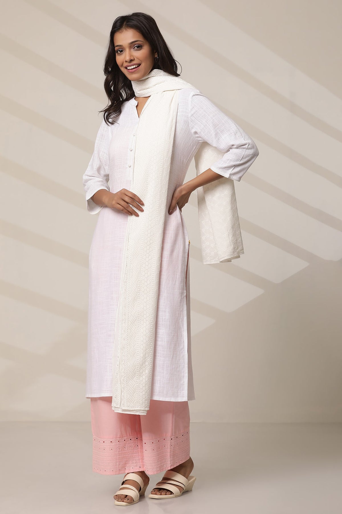 Elleven Women's White Cotton Schiffli Embroidered Dupatta - FS
