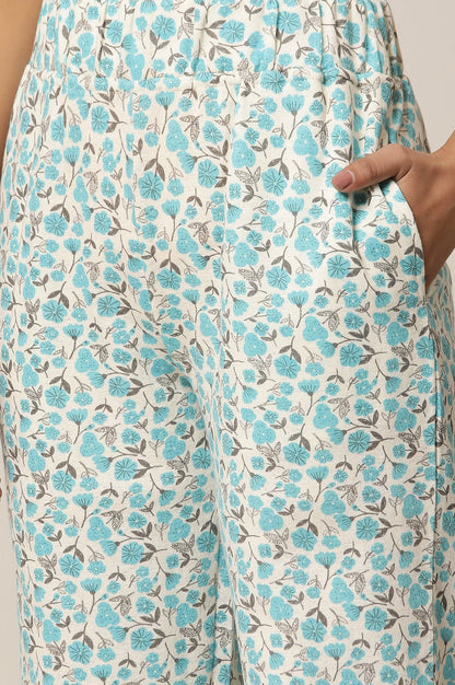 Blue Floral Printed Straight-fit Cotton Palazzo with Button Detail