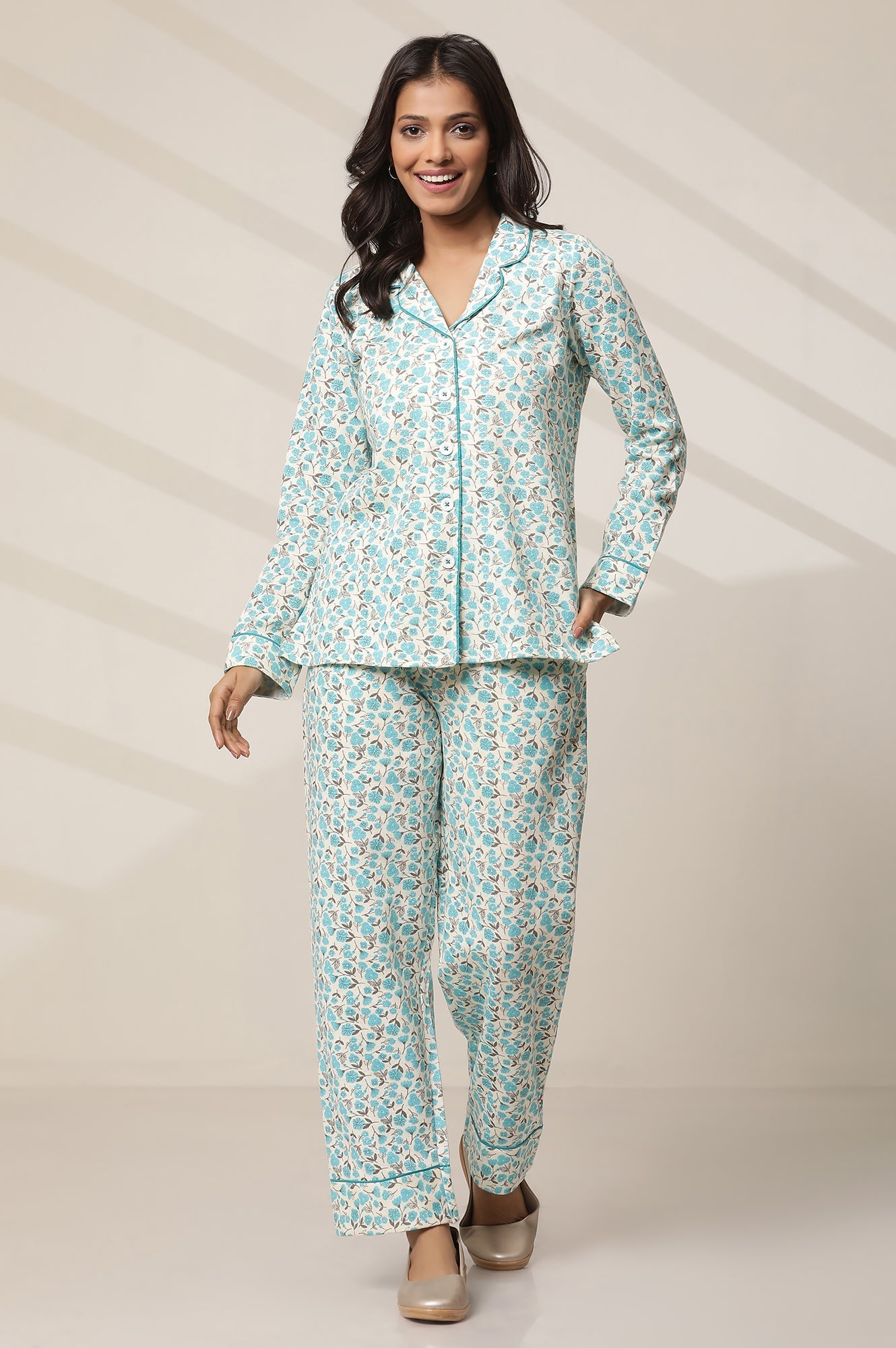 Blue Floral Printed Straight-fit Cotton Palazzo with Button Detail