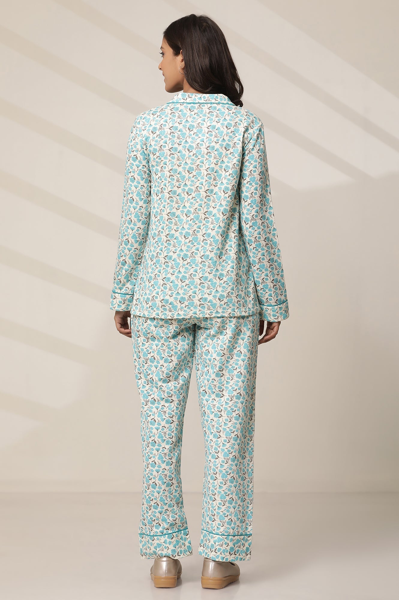 Blue Floral Printed Straight-fit Cotton Palazzo with Button Detail