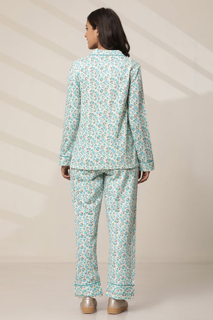 Blue Floral Printed Straight-fit Cotton Palazzo with Button Detail