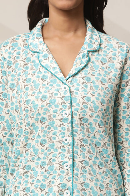 Blue Floral Printed Straight-fit Cotton Palazzo with Button Detail