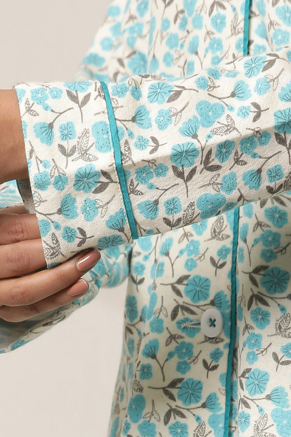 Blue Floral Printed Straight-fit Cotton Palazzo with Button Detail