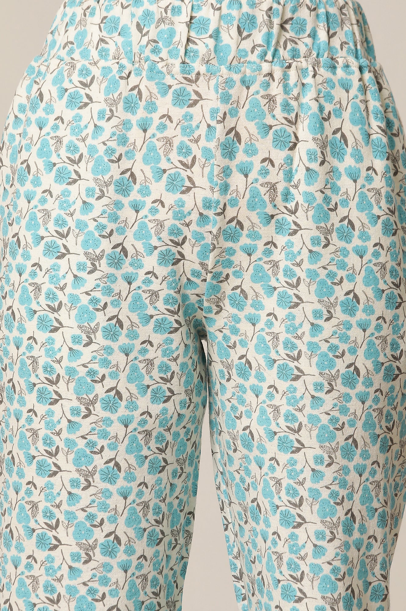 Blue Floral Printed Straight-fit Cotton Palazzo with Button Detail