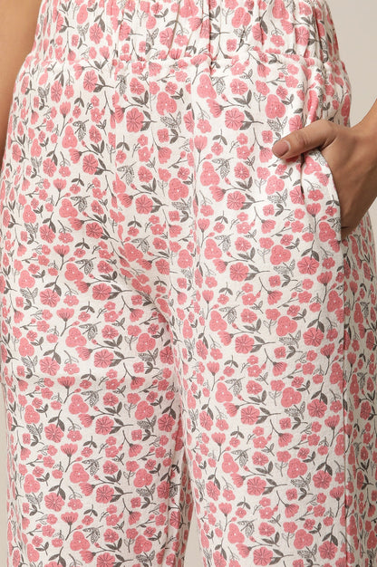 White and Pink Floral Printed Straight-fit Cotton Palazzo with Elasticated Waist