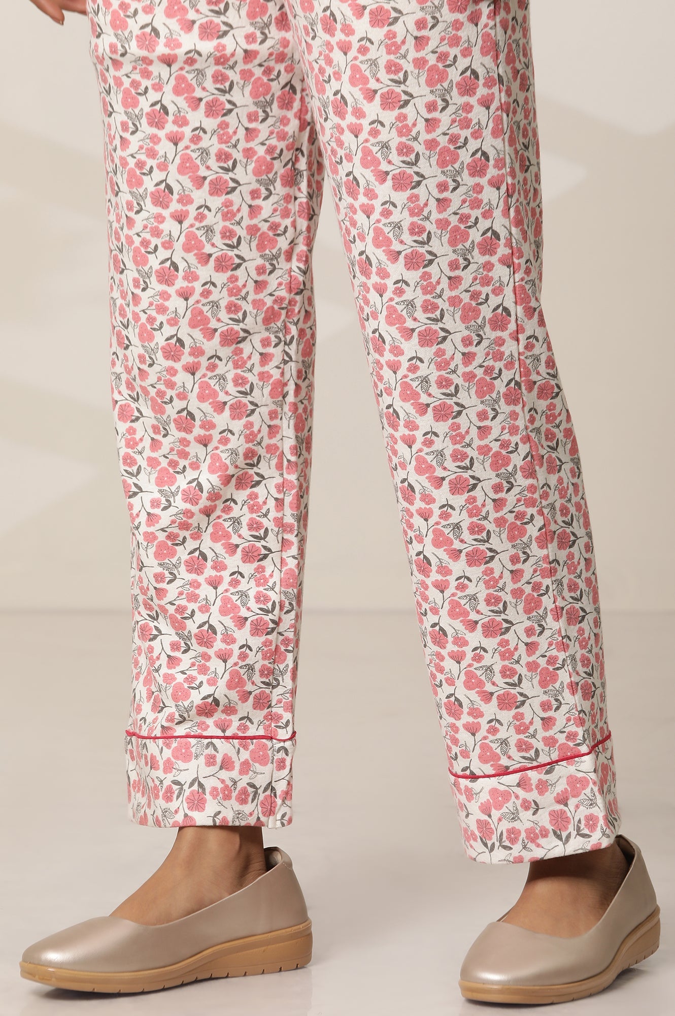 White and Pink Floral Printed Straight-fit Cotton Palazzo with Elasticated Waist
