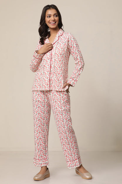 White and Pink Floral Printed Straight-fit Cotton Palazzo with Elasticated Waist