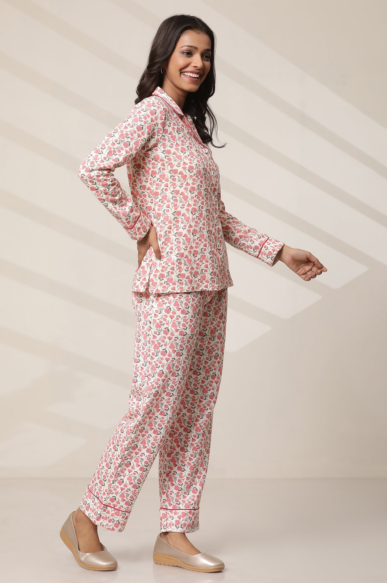 White and Pink Floral Printed Straight-fit Cotton Palazzo with Elasticated Waist