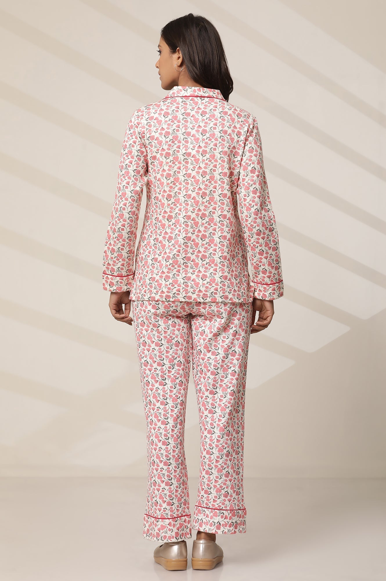 White and Pink Floral Printed Straight-fit Cotton Palazzo with Elasticated Waist