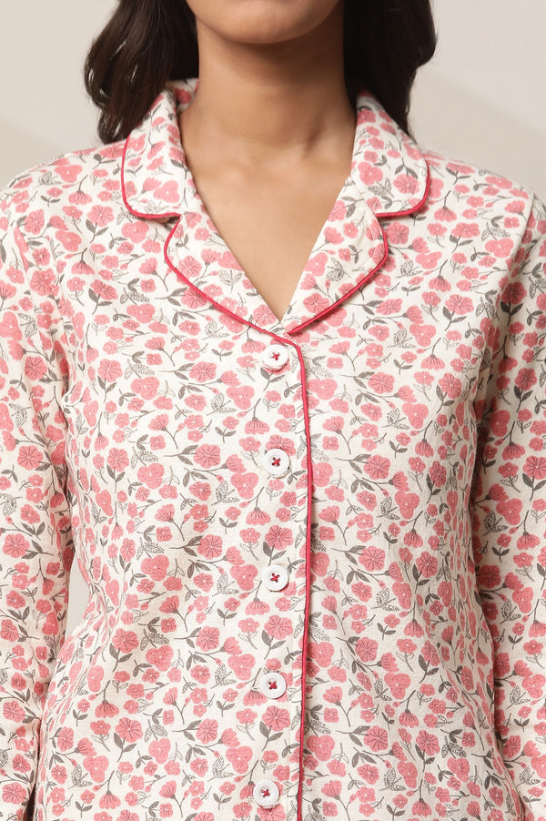 White and Pink Floral Printed Straight-fit Cotton Palazzo with Elasticated Waist