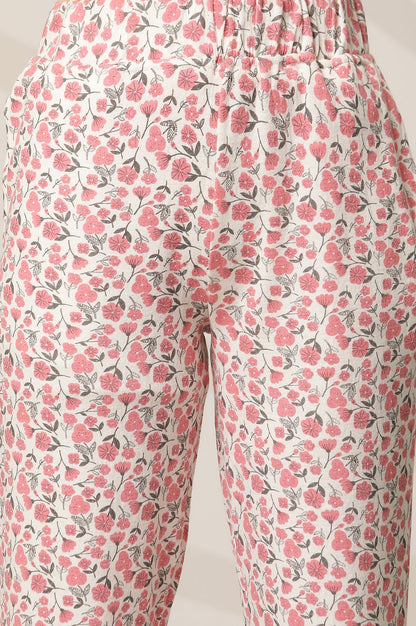 White and Pink Floral Printed Straight-fit Cotton Palazzo with Elasticated Waist