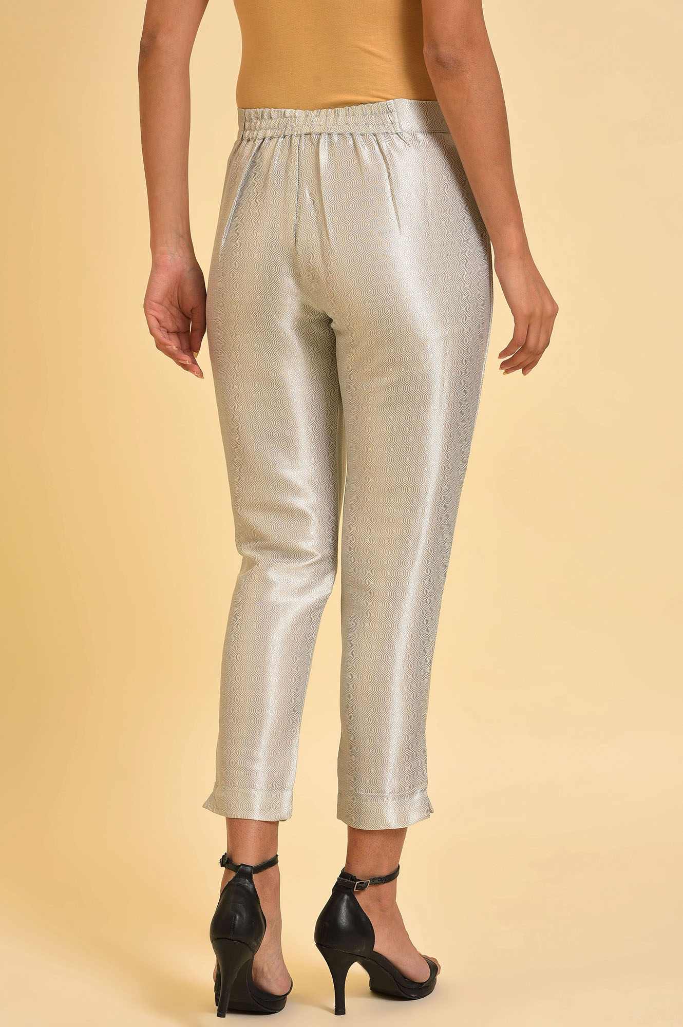 Silver Solid Jacquard Straight Pants