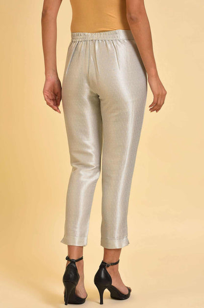 Silver Solid Jacquard Straight Pants