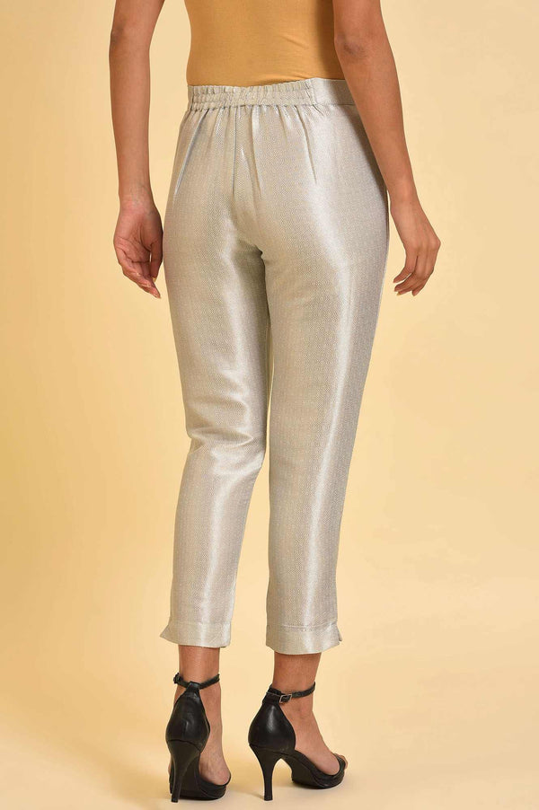 Silver Solid Jacquard Straight Pants