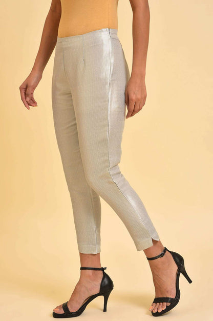 Silver Solid Jacquard Straight Pants