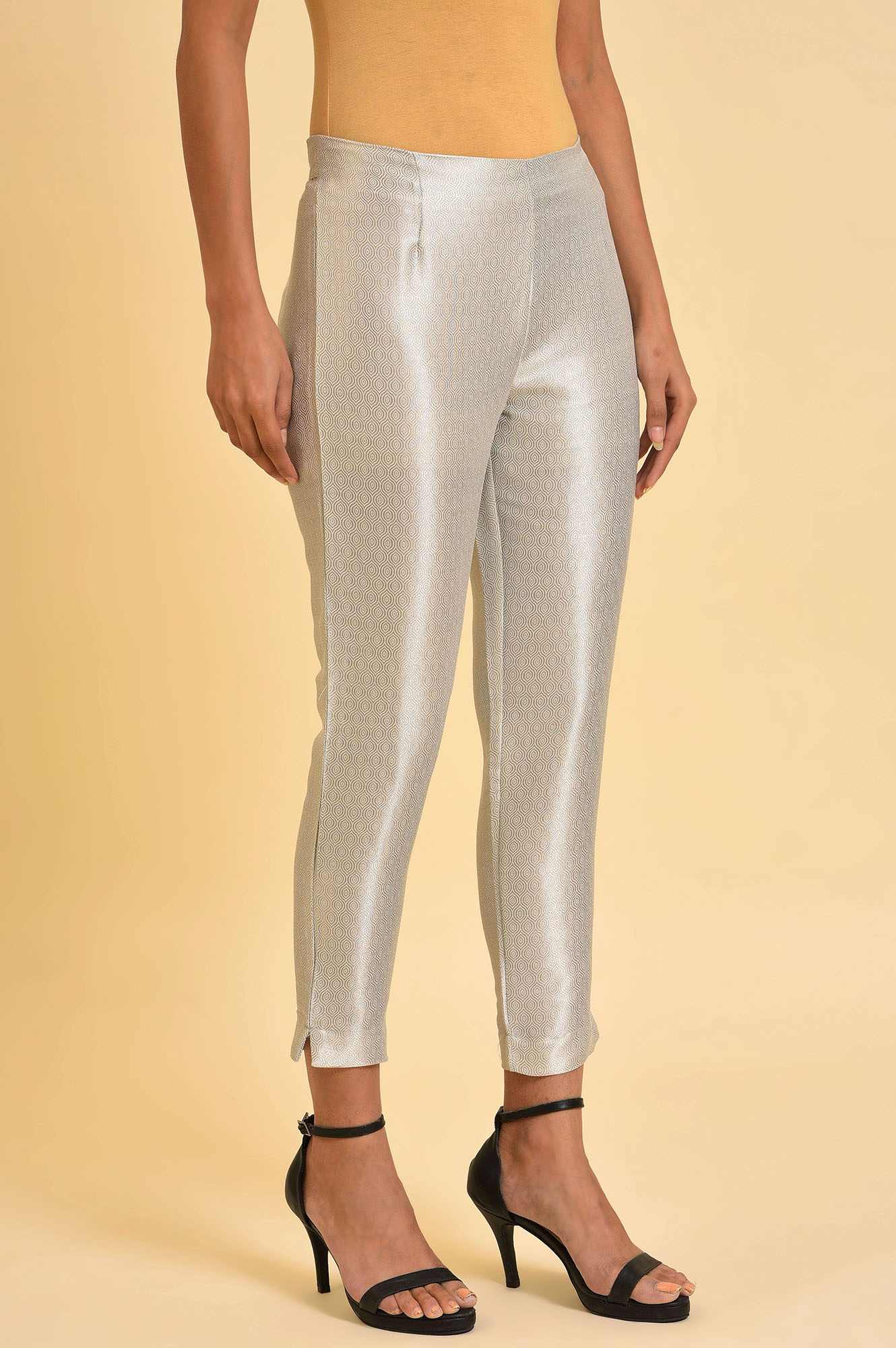 Silver Solid Jacquard Straight Pants