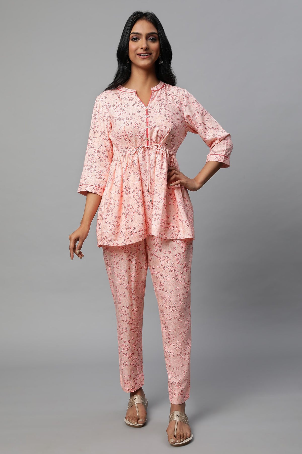 Pink Floral Printed A-Line Kurta With Embroidered Neck - 6