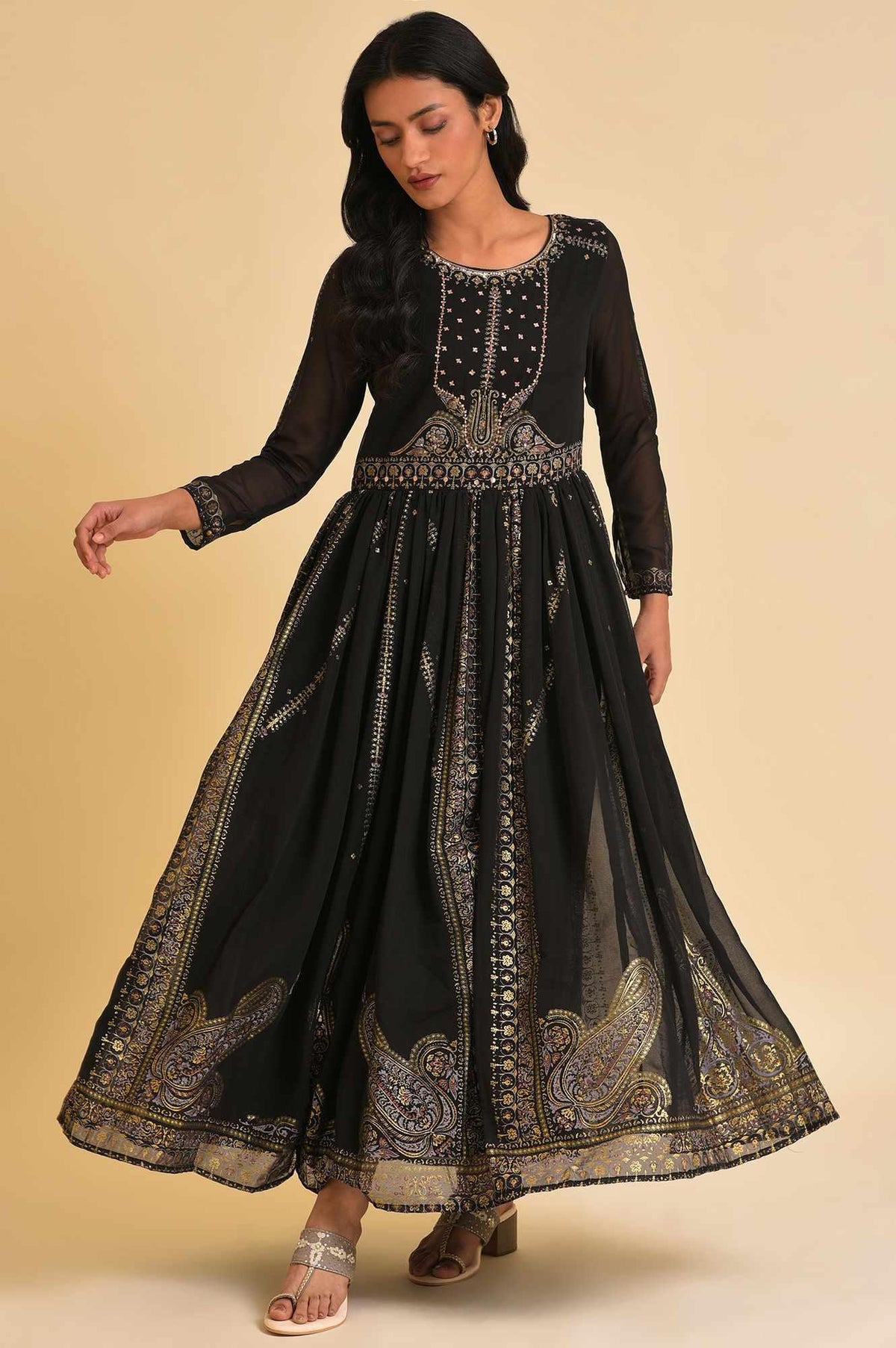 Black Foil Printed Victorian Dress - XS