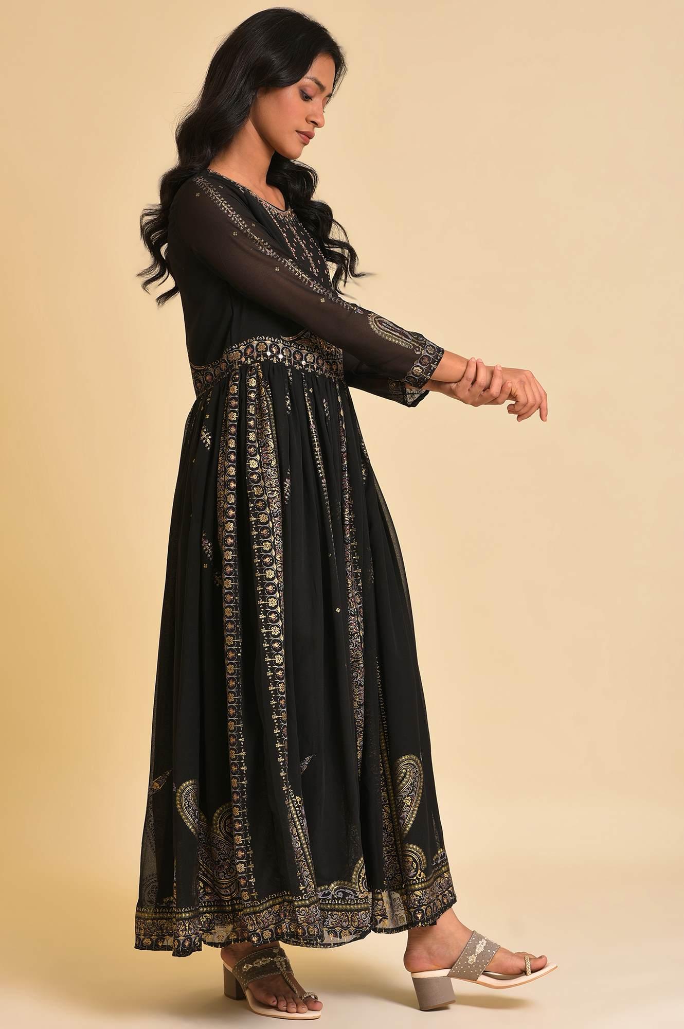 Black Foil Printed Victorian Dress - wforwoman