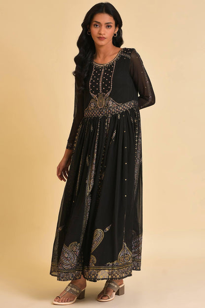 Black Foil Printed Victorian Dress - wforwoman