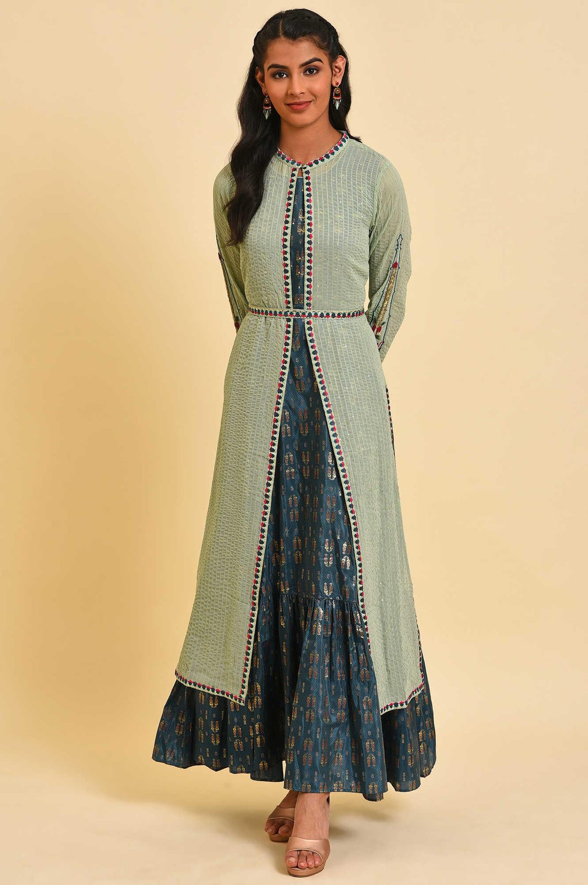 Green Embroidered Gillet & Tiered Dress Set - XS