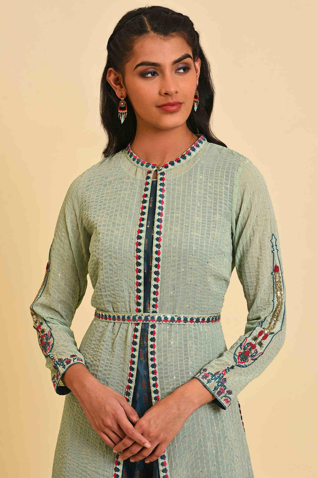 Green Embroidered Gillet &amp; Tiered Dress Set - wforwoman