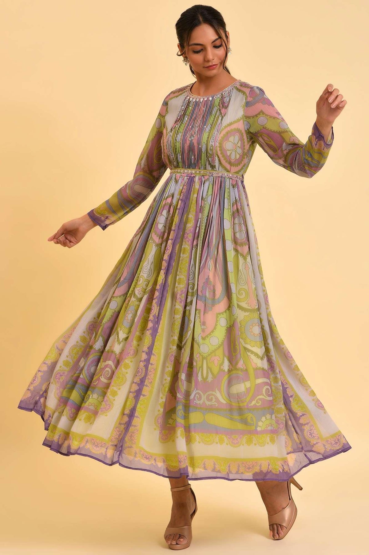 Multi-Coloured Printed Flared Dress With Belt - 6
