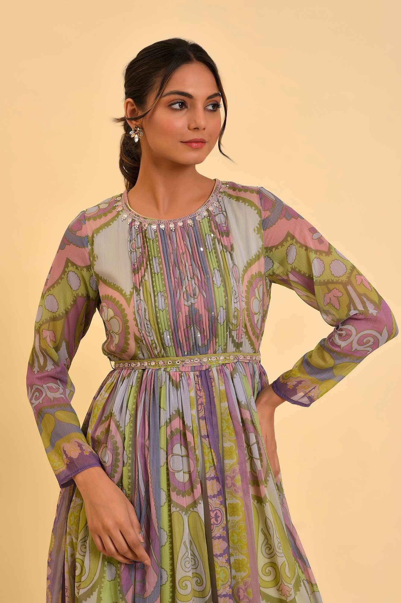 Multi-Coloured Printed Flared Dress With Belt - wforwoman