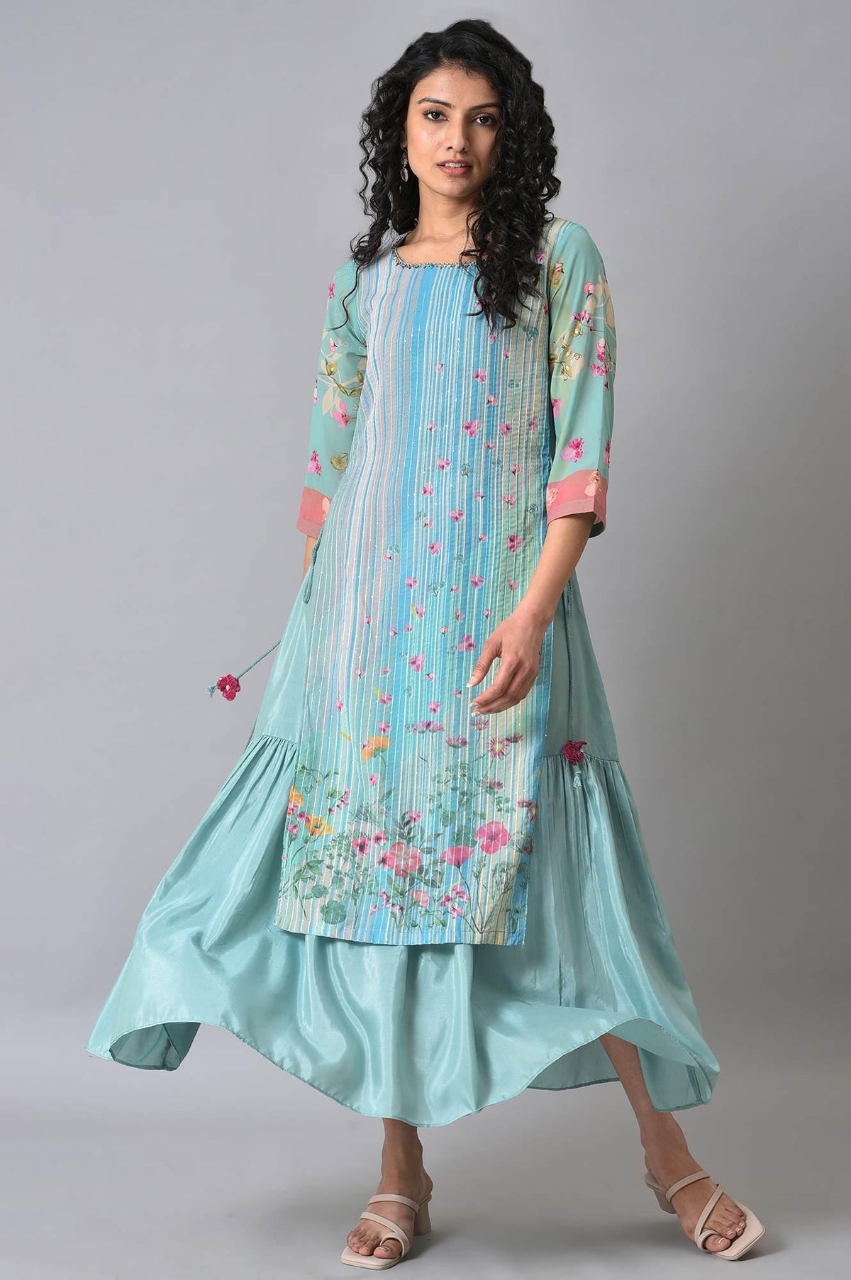 Green Floral Printed Mock Layer Summer Dress - XS