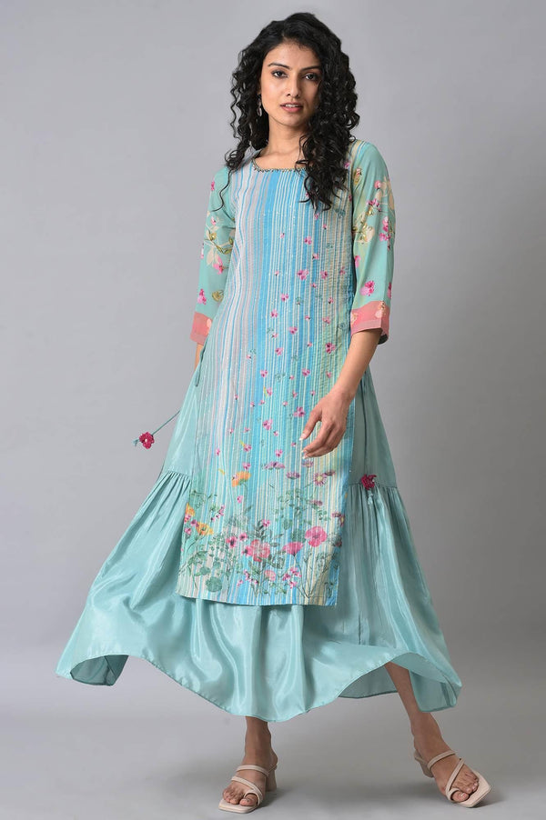 Green Floral Printed Mock Layer Summer Dress