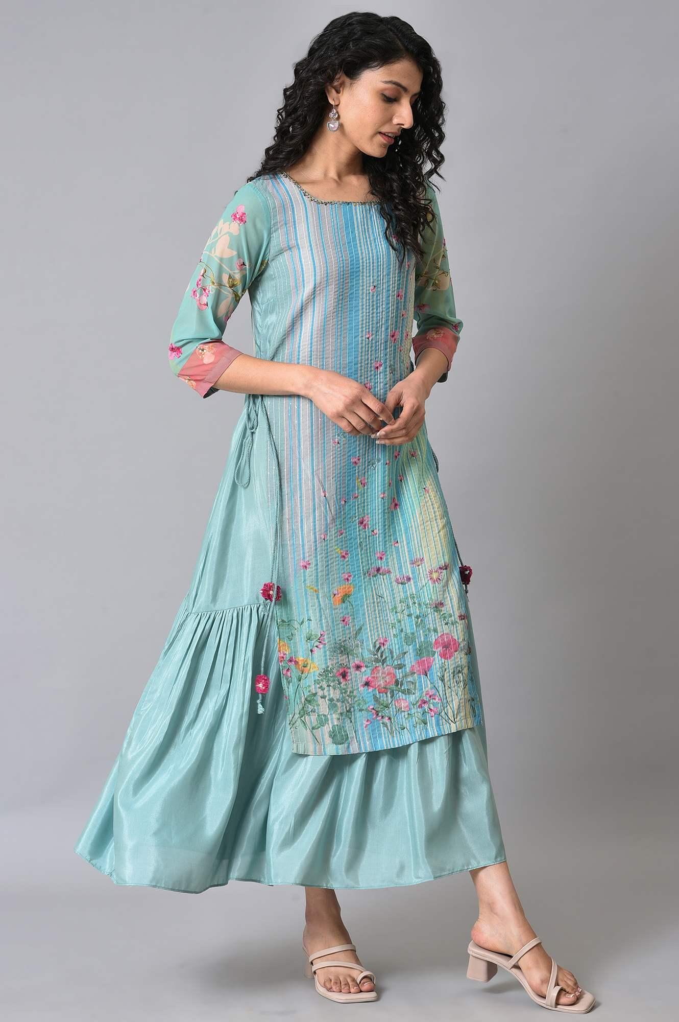 Green Floral Printed Mock Layer Summer Dress - wforwoman