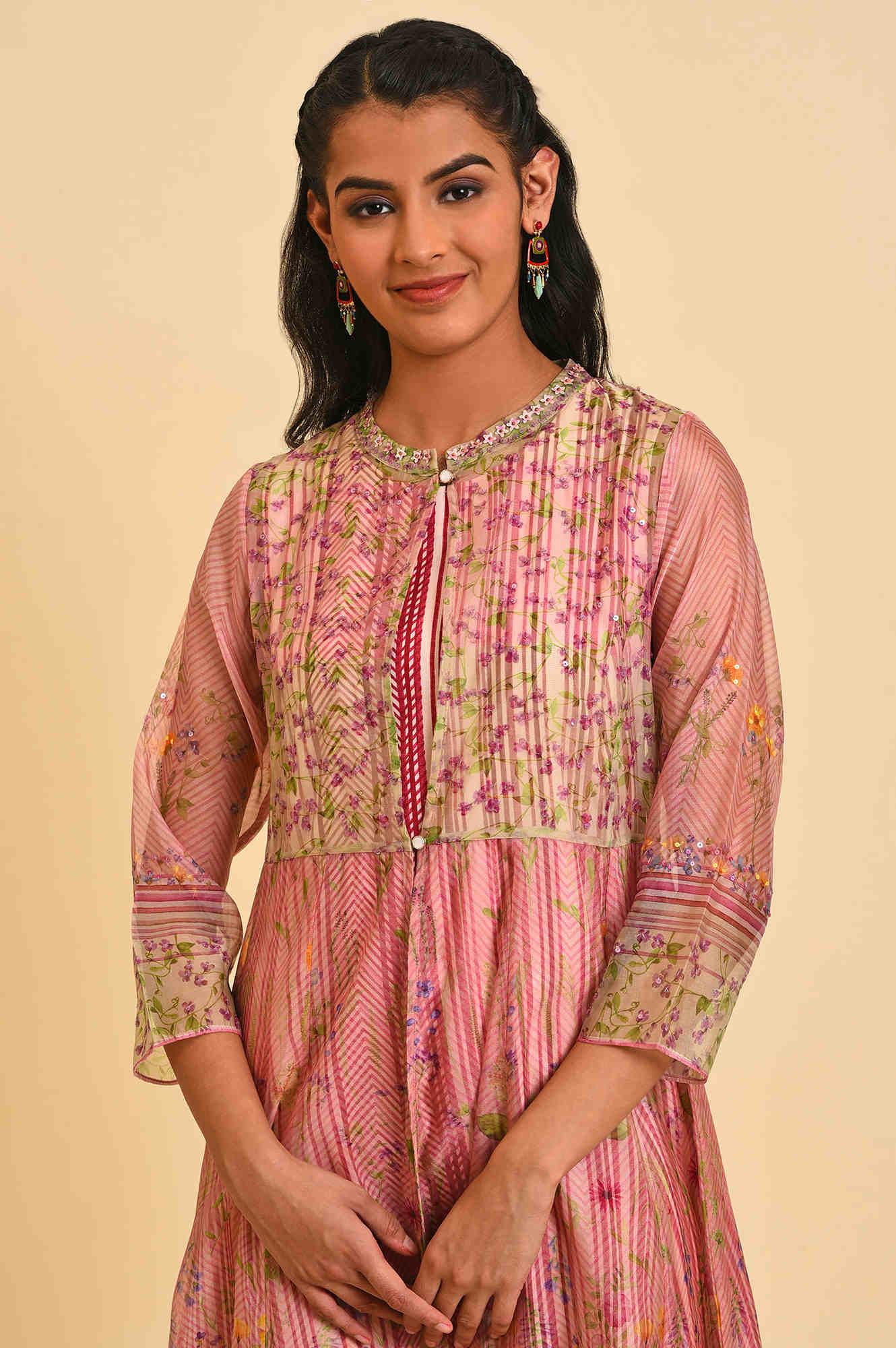 Pink Floral Gillet &amp; Striped Dress Set - wforwoman