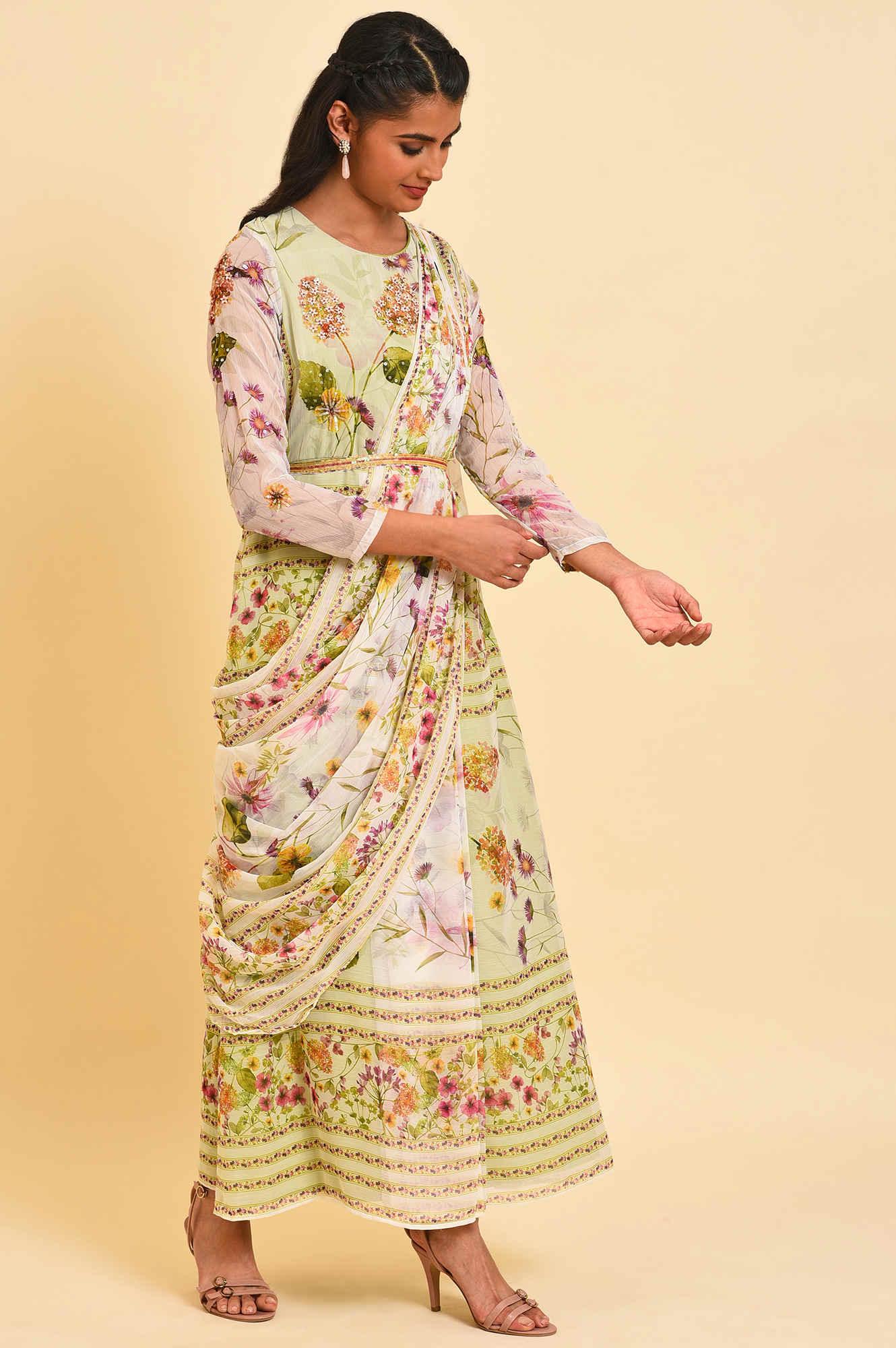 Ecru &amp; Light Green Floral Printed Predrape Saree Dress - wforwoman