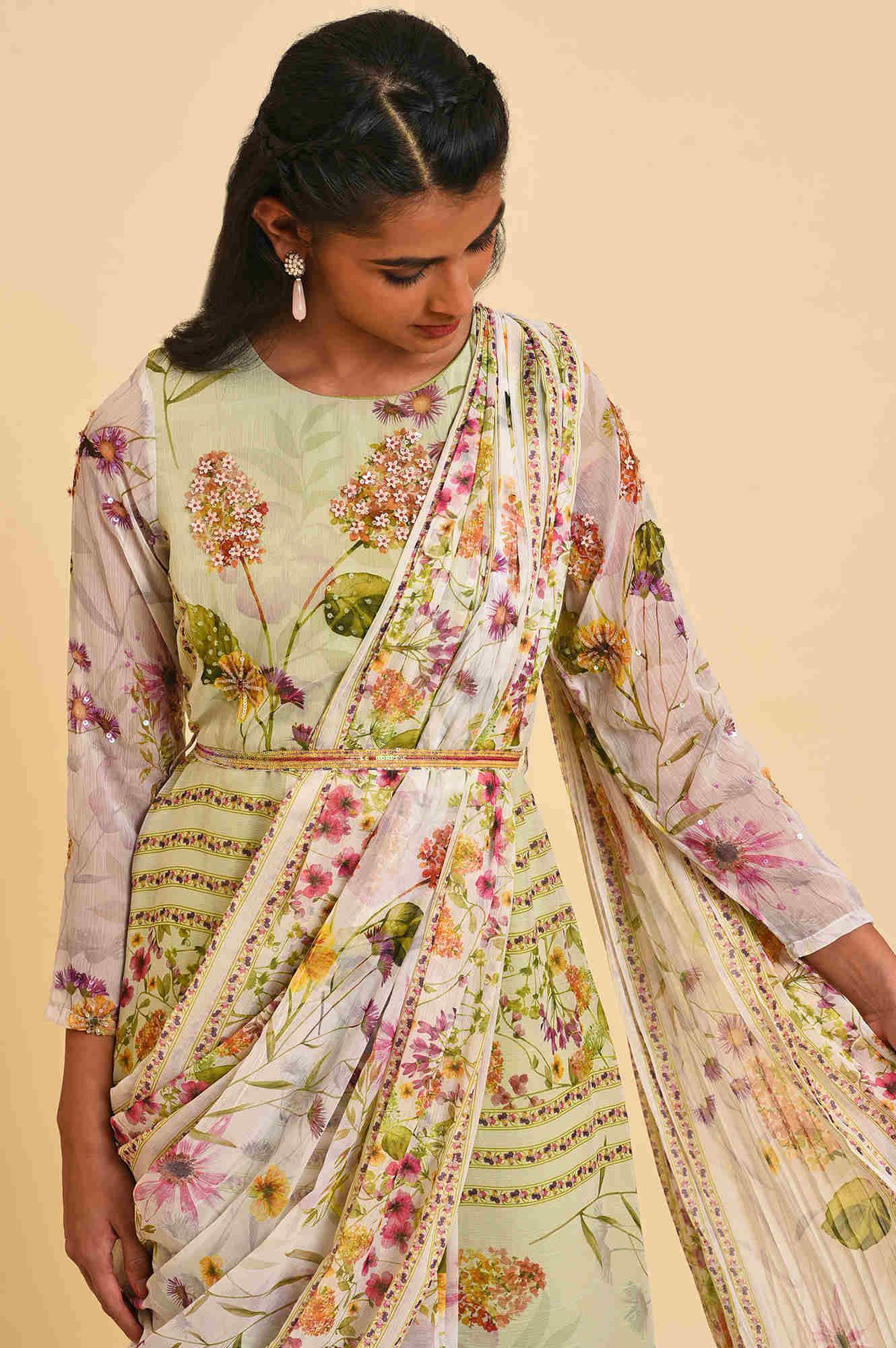 Ecru &amp; Light Green Floral Printed Predrape Saree Dress - wforwoman