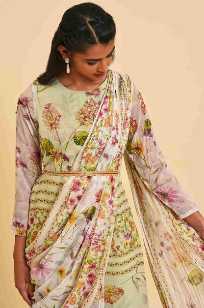 Ecru &amp; Light Green Floral Printed Predrape Saree Dress - wforwoman