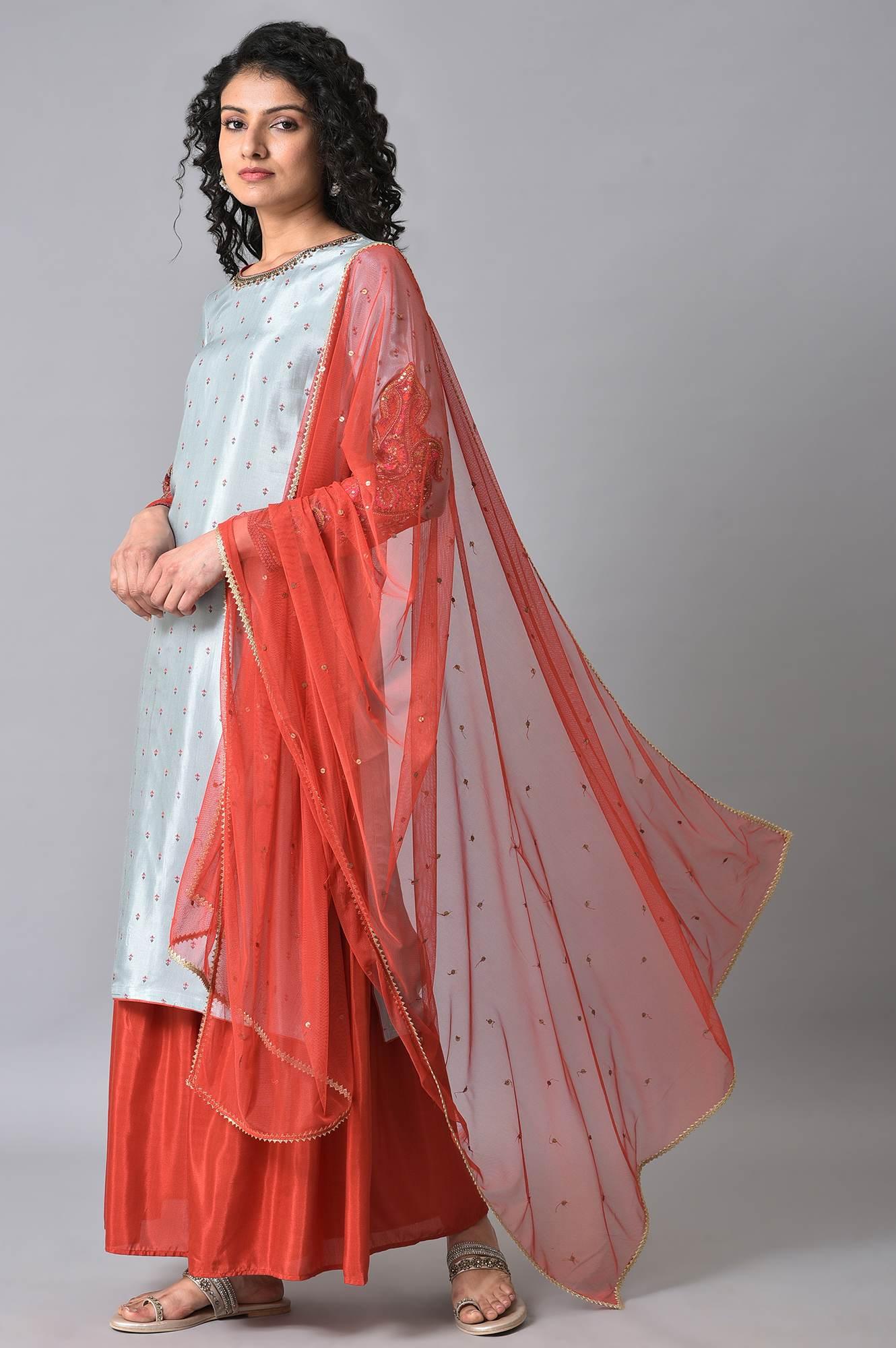 Blue &amp; Orange Embroidered kurta Sharara Set - wforwoman