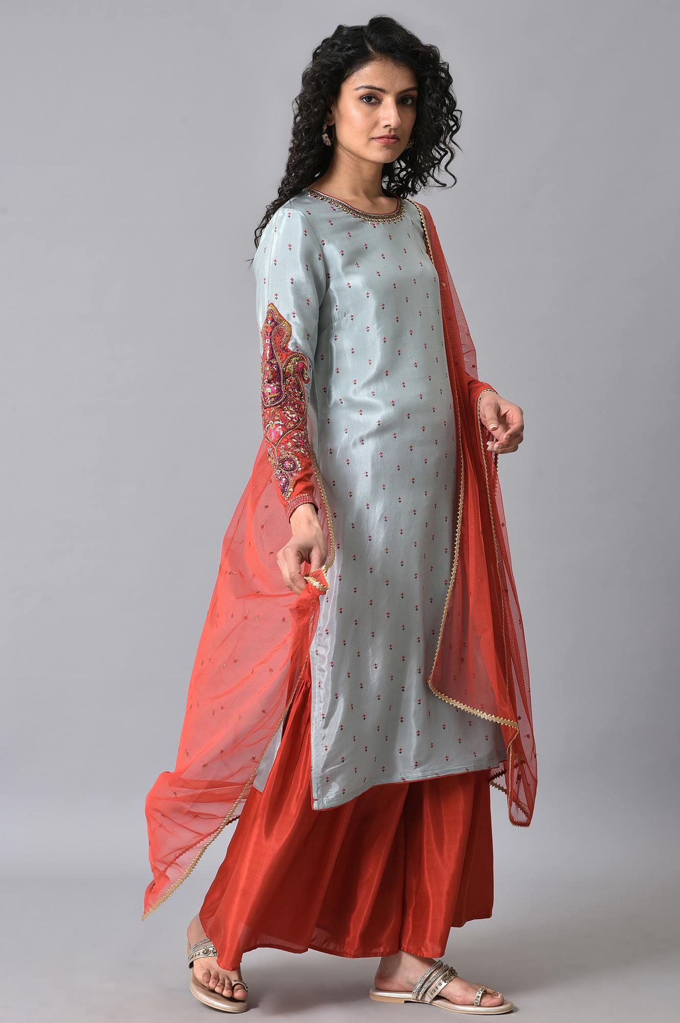 Blue &amp; Orange Embroidered kurta Sharara Set - wforwoman